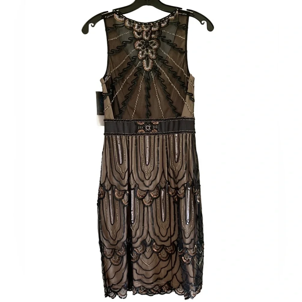 SUE WONG 4 Black Nude Beaded Sequin embellished Formal Cocktail dress